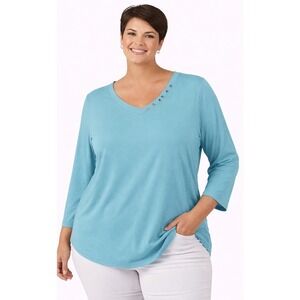 Karen Scott V-Neck Top Womens 2X Blue Excellent 3/4 Sleeve Cotton Button Accent